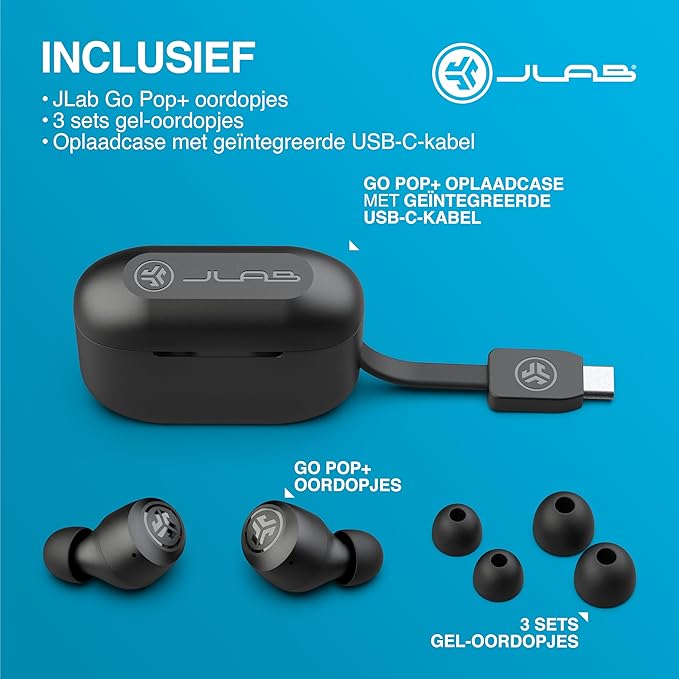 JLab Go Air Pop+ True Wireless Earphones, Bluetooth Earbuds, Oordopjes Draadloos with 35H+ Speeltijd, In Ear Headphones with Microfoon, Oplaaddoos, JLab App, Zwart