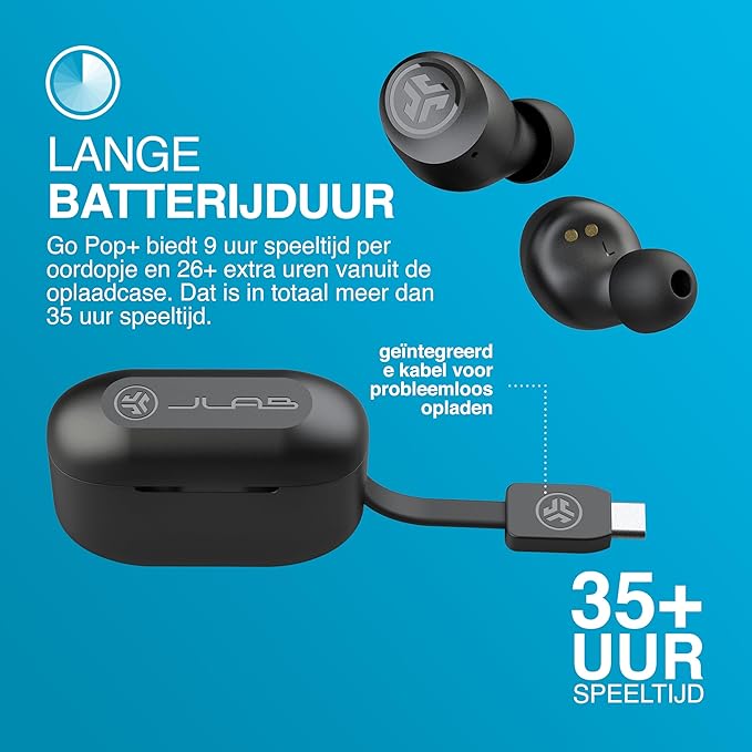 JLab Go Air Pop+ True Wireless Earphones, Bluetooth Earbuds, Oordopjes Draadloos with 35H+ Speeltijd, In Ear Headphones with Microfoon, Oplaaddoos, JLab App, Zwart